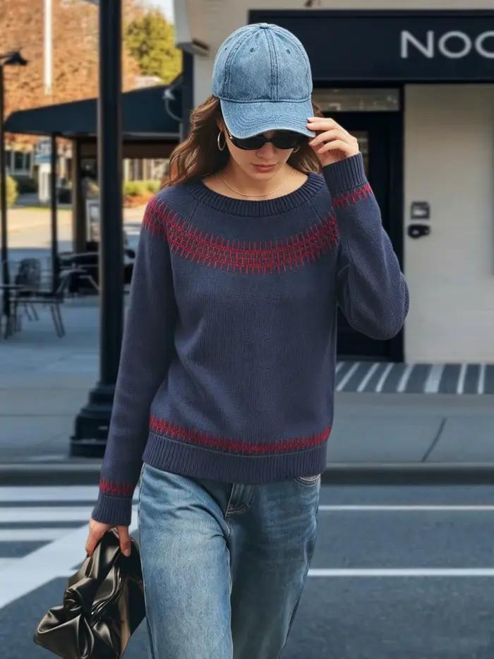 Pull en tricot à motifs géométriques bleu marine et rouge pour femme, col rond, manches longues, coupe ample, style fashion, printemps et automne