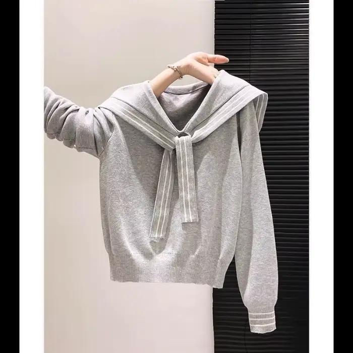 Pull tricoté bleu marine pour femme, coupe ample, style décontracté, col de marin, polyester, automne, occasions spéciales