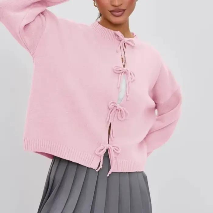 Nouveau automne hiver pull Cardigan femmes O cou à lacets chandails courts