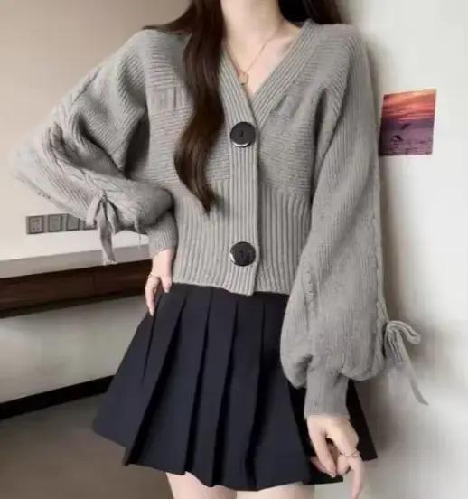 Cardigan Polyester Epais Coupe Ample Manches Lanternes Col En V Pour Femmes Occasions Automne Hiver
