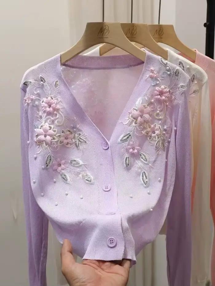 Pull féminin cardigan 2025 printemps automne en viscose avec perles 3D fleur broderie pour femmes occassions spéciales