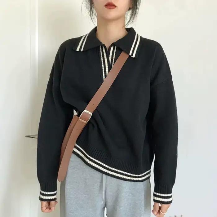 Pull en tricot à col polo coupe ample pour femme