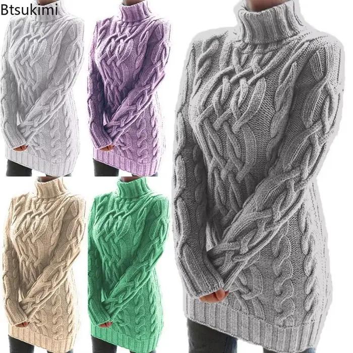 Femmes pull à col roulé nouveau automne hiver épaissir à manches longues tricoté rétro longueur moyenne chandails dames