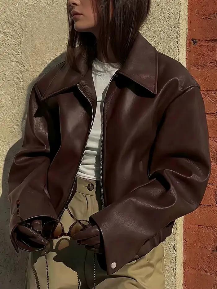 Veste en simili cuir marron chocolat ample à revers pour femmes, veste bomber courte pour le printemps et l'automne, adaptable à divers styles et occasions