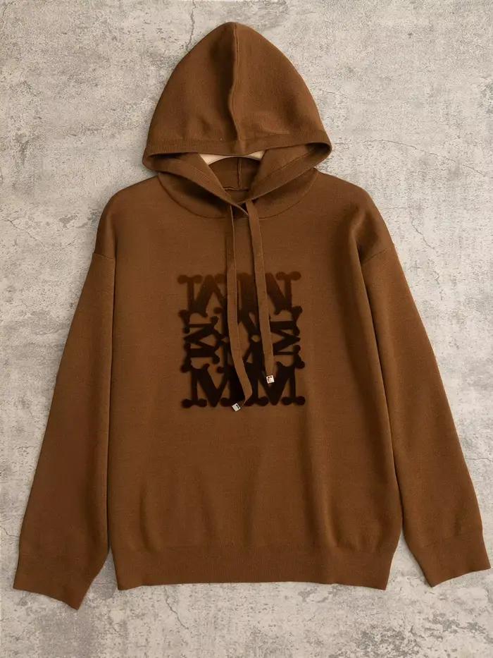 Lettre Jacquard femmes tricot pull à capuche 100% laine 5 couleurs ample décontracté dame cordon
