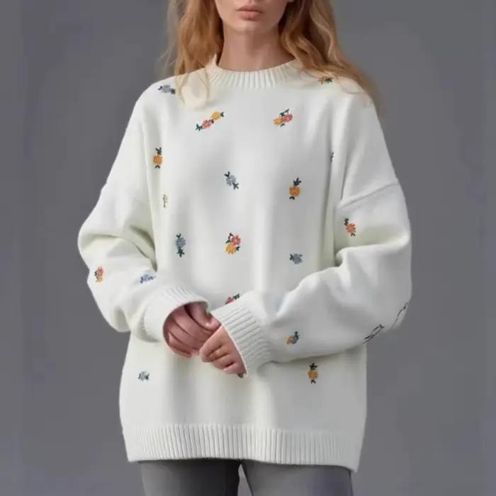 2025 femmes col rond pull automne hiver nouvelle broderie florale lâche tricot