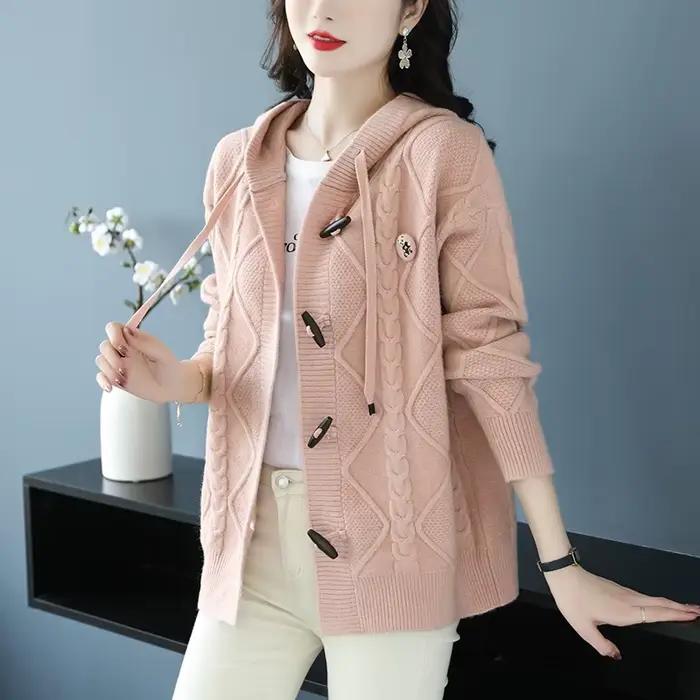 Cardigan Femmes Printemps Automne 2025 Nouveau Ample à Manches Longues Capuche Chic Décontracté Vestes Tricots