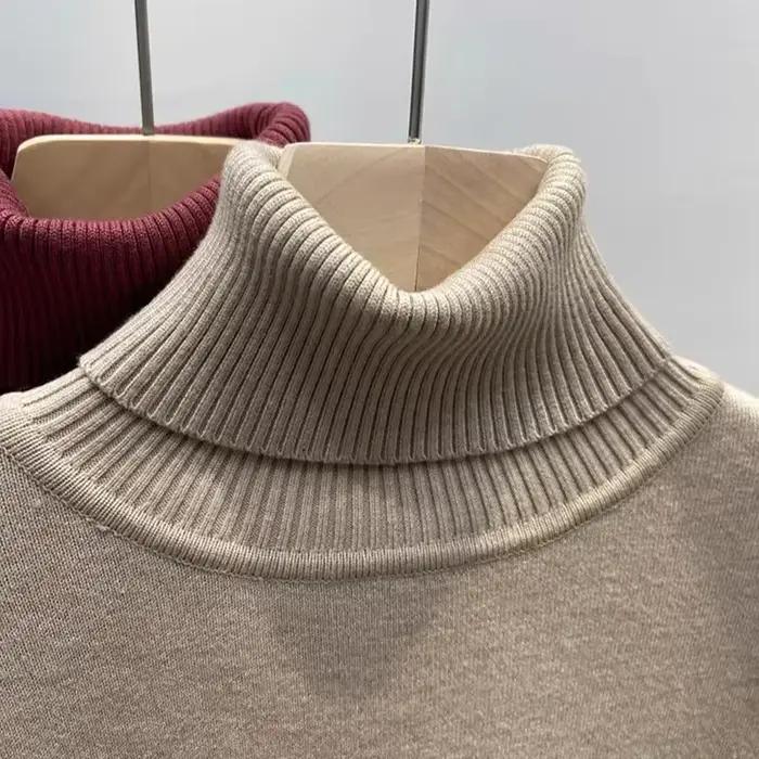 Pull en peluche polaire doublé tricot pour femmes, col roulé, décontracté, polyester, acrylique et coton, pour l'automne et l'hiver, confort et style élégant