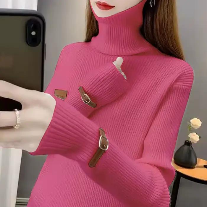 Pull tricoté col roulé uni tendance pour femme – Nouveauté automne – Haut décontracté ample style coréen