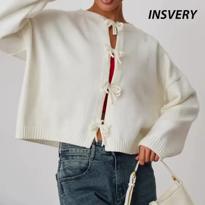 Nouveau automne hiver pull Cardigan femmes O cou à lacets chandails courts