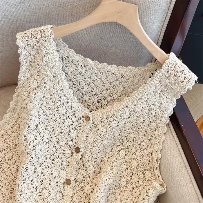 Vintage Boho Style Beige Crochet dentelle gilet femme sans manches tricot débardeur printemps été court couvrir élégant