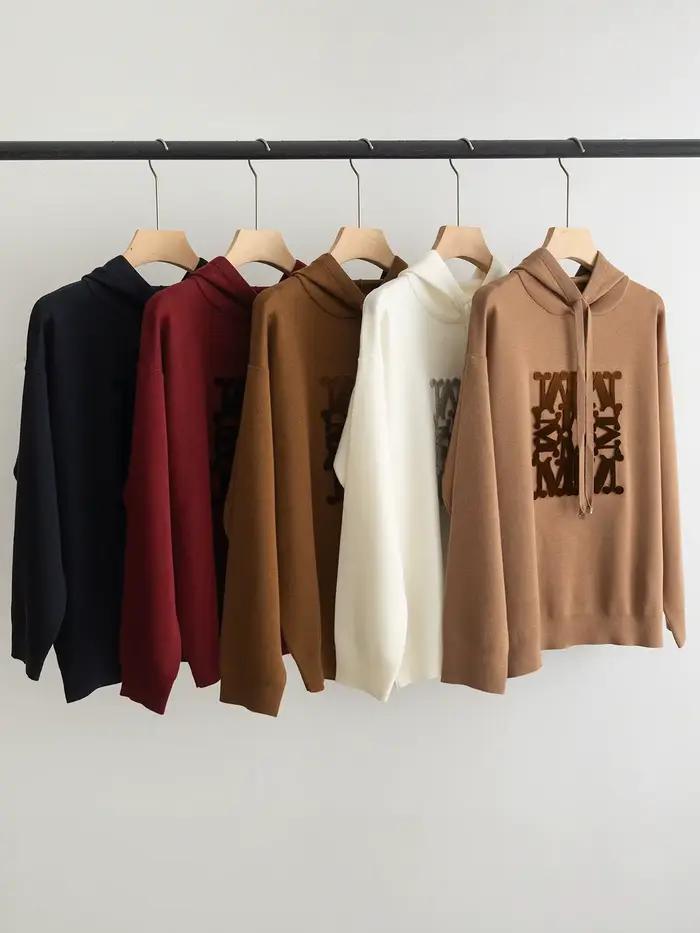 Lettre Jacquard femmes tricot pull à capuche 100% laine 5 couleurs ample décontracté dame cordon