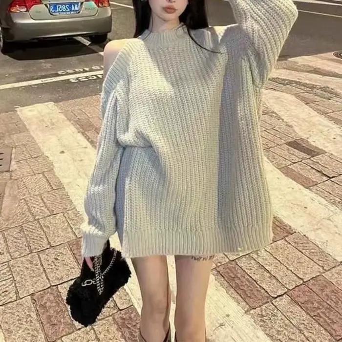 Pull ample en laine à épaules dénudées pour femme | Style paresseux