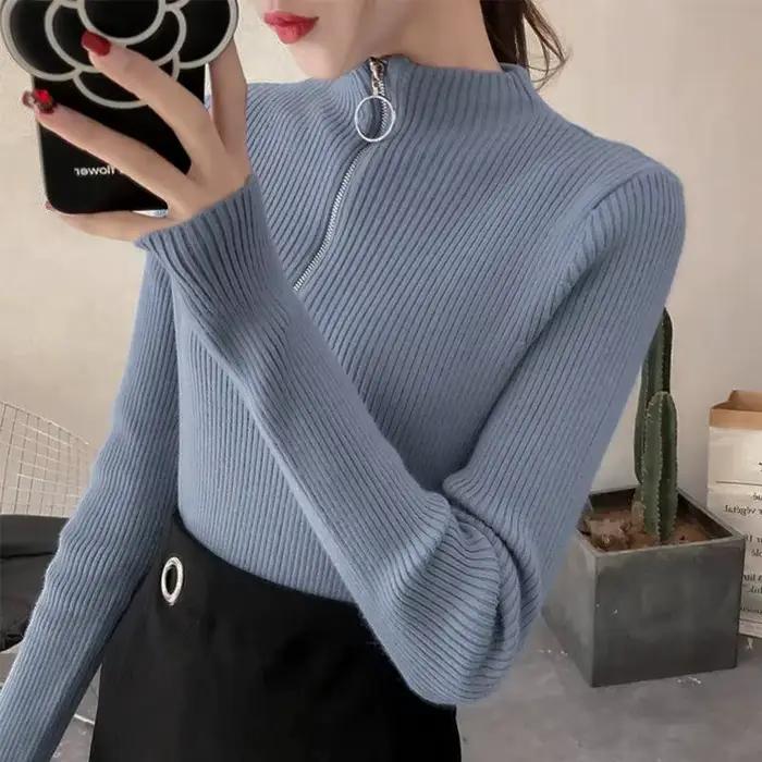 Tricoté femmes fermeture éclair demi col haut Pull pulls automne hiver basique