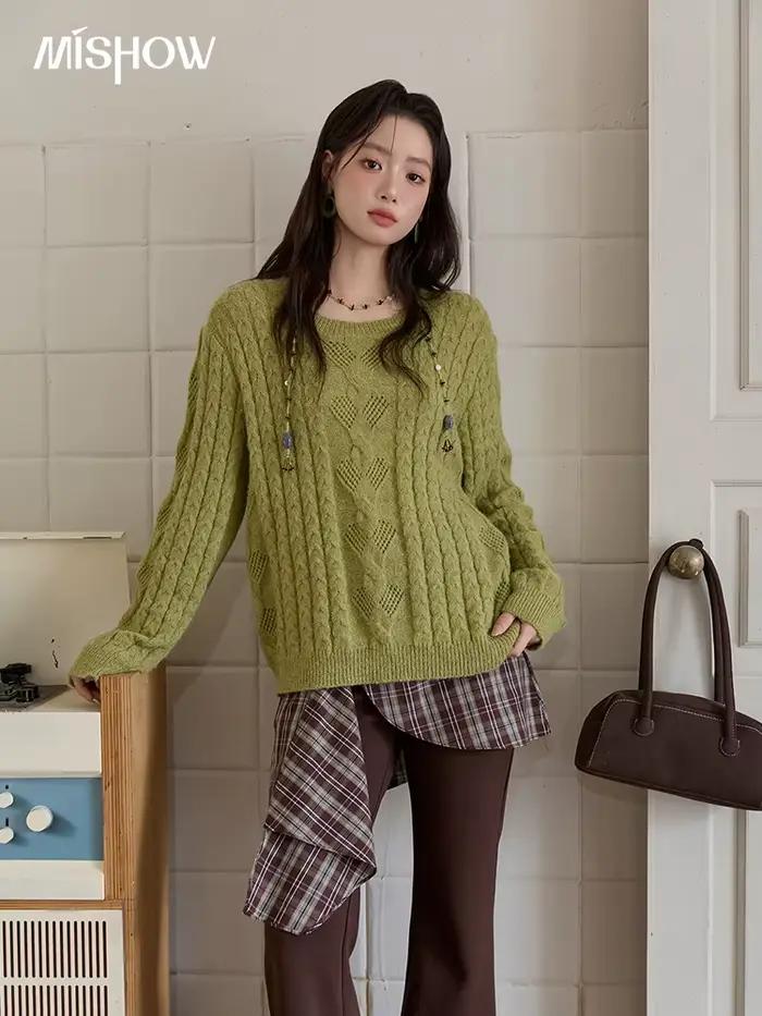 MISHOW pull pour femme 2025 automne hiver vert rétro corde torsadée conception creuse haut en tricot ample luxe banlieue MXE49Z2520