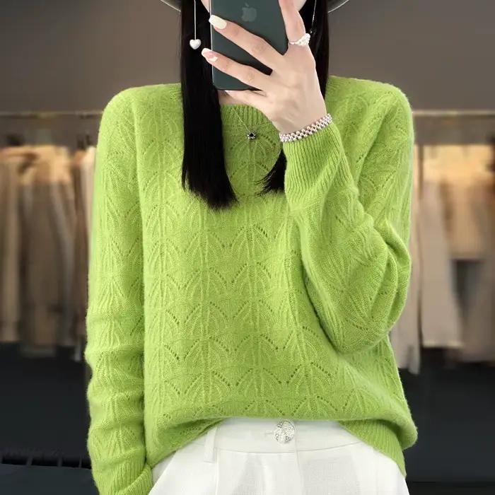 BELIARST vêtements pour femmes pull printemps et automne nouveau tricoté haut creux 100% laine mérinos col rond