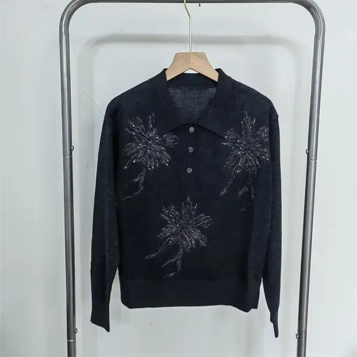 Nouveau Flocage broderie fleur paillettes doux 16 calibre laine tricot pull hauts pour les femmes