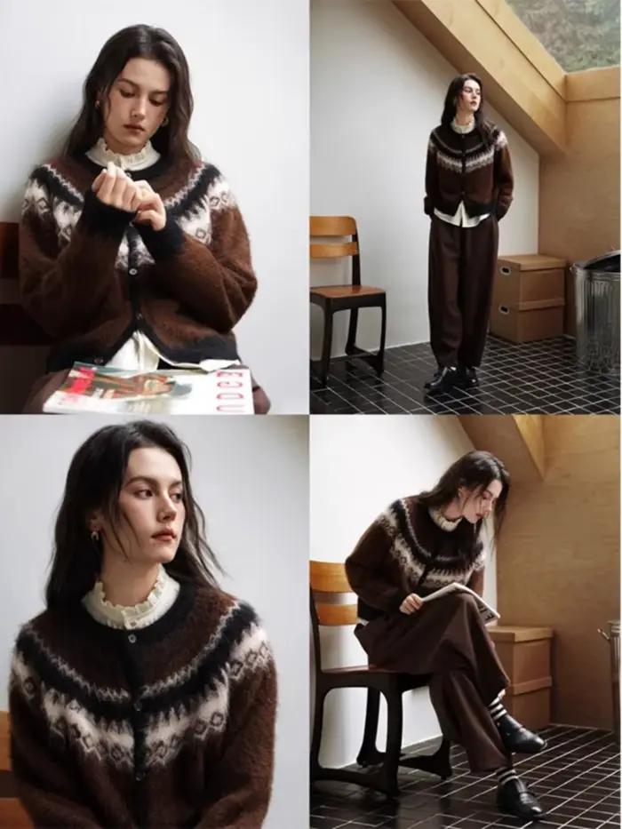 Cardigan en laine d'alpaga et polyester décontracté pour femme style nordique automne hiver occassions spéciales confortable élégant à offrir