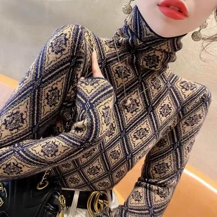 Pull à col roulé en tricot Argyle pour femme