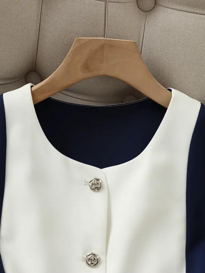 Gilet vintage patchwork bleu marine et blanc avec boutons bijoux pour femme style français chic occassions spéciales printemps été