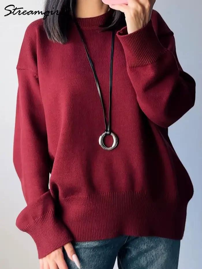 Pull basique surdimensionné bordeaux pour femme