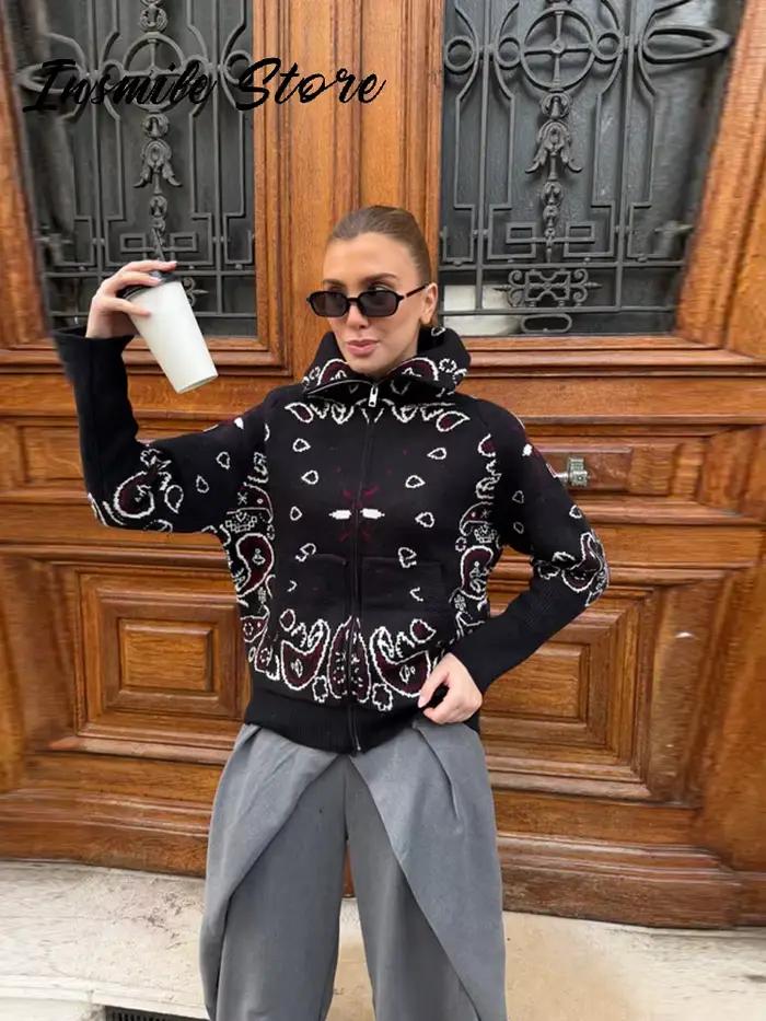 Mode tricot Jacquard Cardigan femmes gris col montant fermeture éclair manches longues pull 2026 printemps dame décontracté rue tricots nouveau