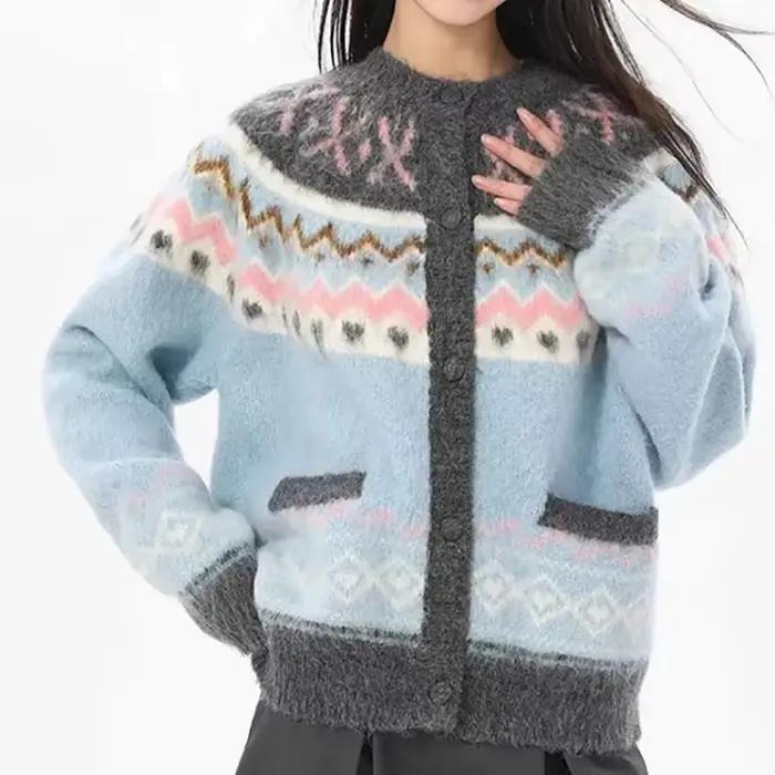 Cardigan tricoté en Jacquard bleu pour femme