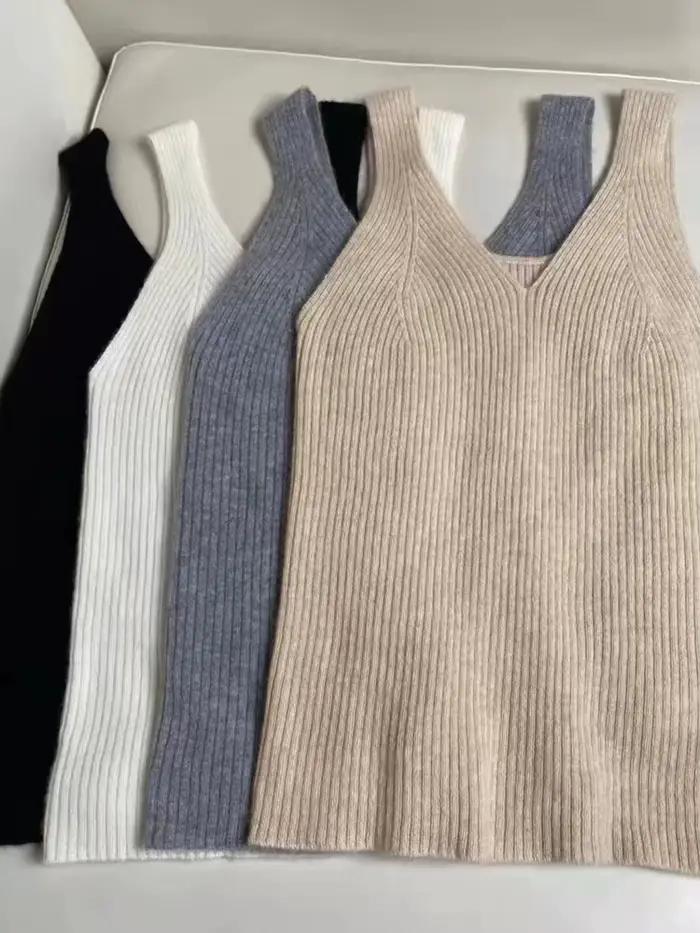 Femmes Pure laine camisole gilet pull col en v sans manches printemps automne 100%