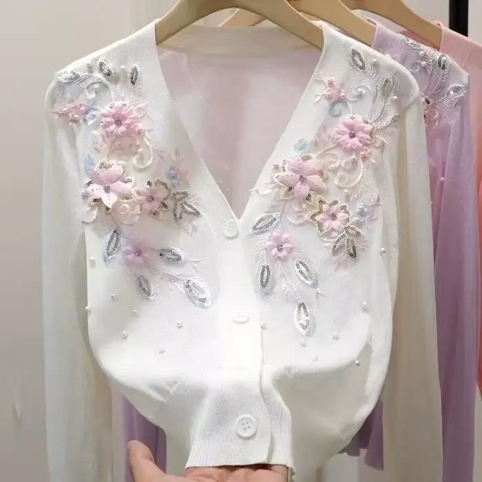 Pull féminin cardigan 2025 printemps automne en viscose avec perles 3D fleur broderie pour femmes occassions spéciales