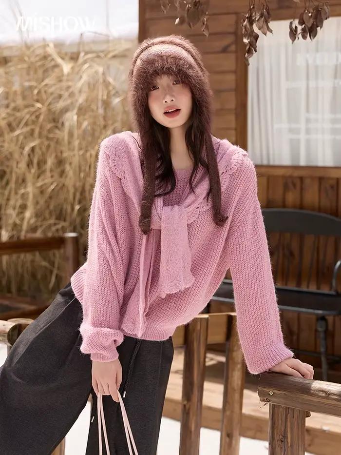 pull Mishow ample et décontracté pour femmes, automne hiver, manches longues, col rond détachable, laine acrylique nylon polyester, confort bureau soirée