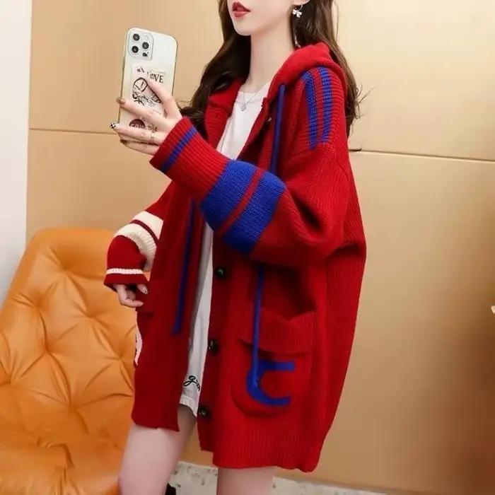 Pull tricoté à capuche femme veste automne hiver coupe ample patchwork style décontracté ocassions spéciales