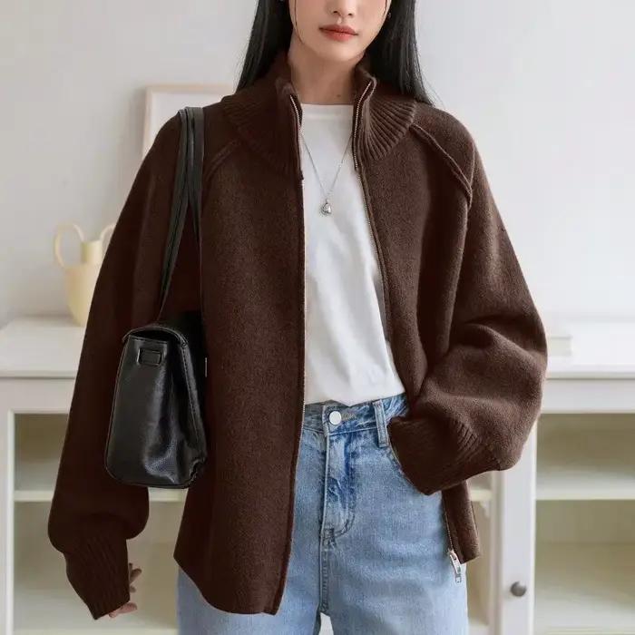 Pull manteau femmes automne hiver nouveau Style coréen couleur unie col montant fermeture éclair tricoté Cardigan haut