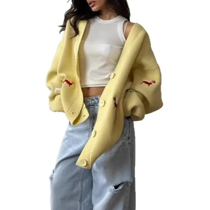 Teckel brodé pull Cardigan ample col en v à manches longues veste à la mode nouveaux vêtements pour femmes