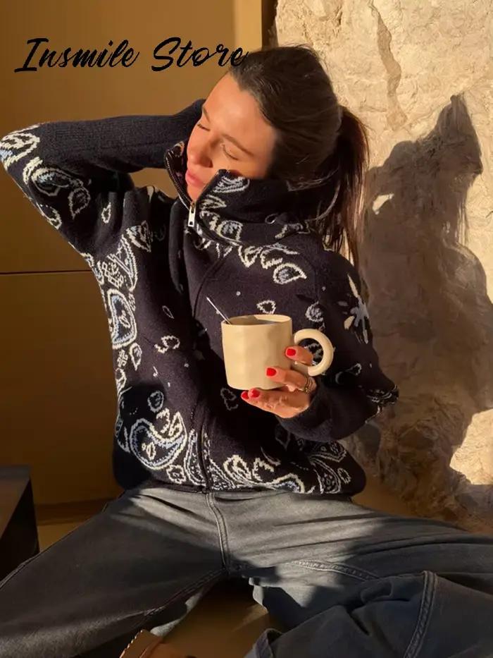 Mode tricot Jacquard Cardigan femmes gris col montant fermeture éclair manches longues pull 2026 printemps dame décontracté rue tricots nouveau