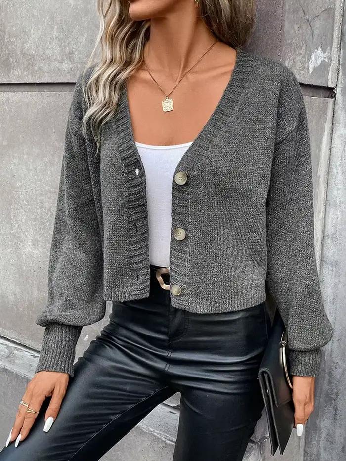 Cardigan court en tricot gris foncé à col en V pour femme avec boutons high street automne hiver confortable élégant polyvalent pour femmes occassions spéciales