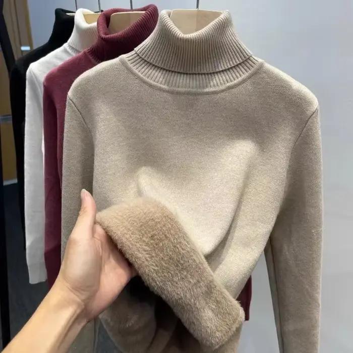 Pull en peluche polaire doublé tricot pour femmes, col roulé, décontracté, polyester, acrylique et coton, pour l'automne et l'hiver, confort et style élégant