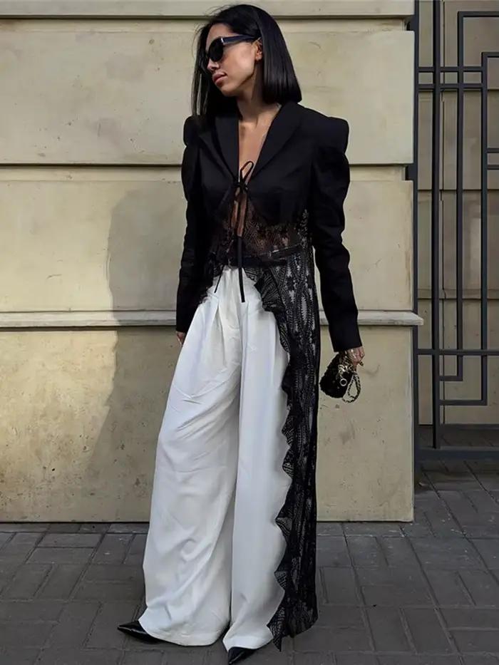 Kliou maille Patchwork longs manteaux femme automne tendance à lacets Cardigan à manches longues haute rue Style Sexy mode veste élégante