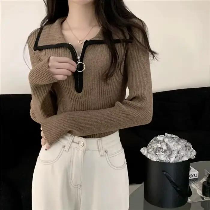 Pull en tricot acrylique et polyester avec fermeture éclair pour femmes style coréen vintage Y2K hiver automne sorties nocturnes ocassions spéciales
