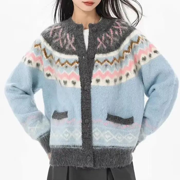 Cardigan tricoté en Jacquard bleu pour femme