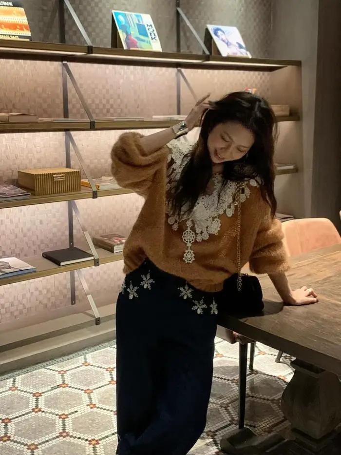Pull en dentelle à col en V pour femmes automne hiver floral tendance confortable