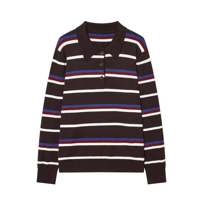 Pull en maille rayé à col polo style européen et américain pour femme