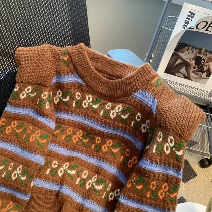 Faire l'édition han couleur rayure broderie épaule droite slams pull femme design sentiment doux vent d'automne nouveau fonds sh