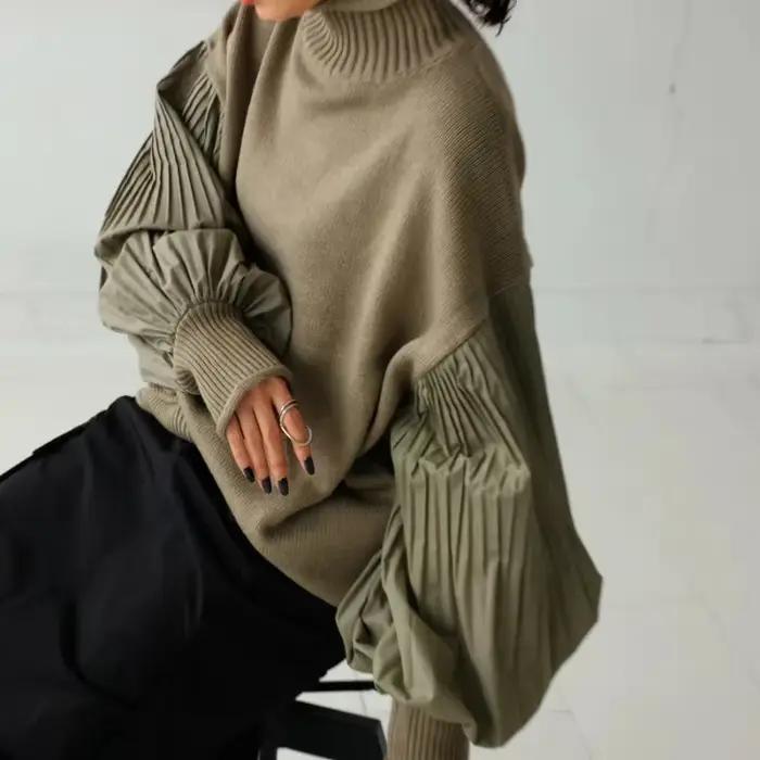 Pull à col roulé patchwork à manches volantées pour femmes