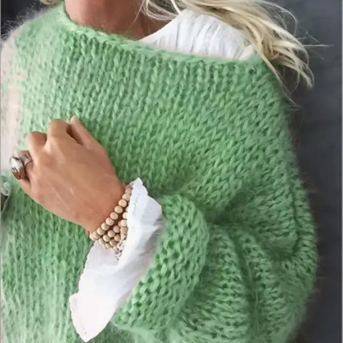 Mohair-Pull moelleux à manches longues lanterne pour femmes