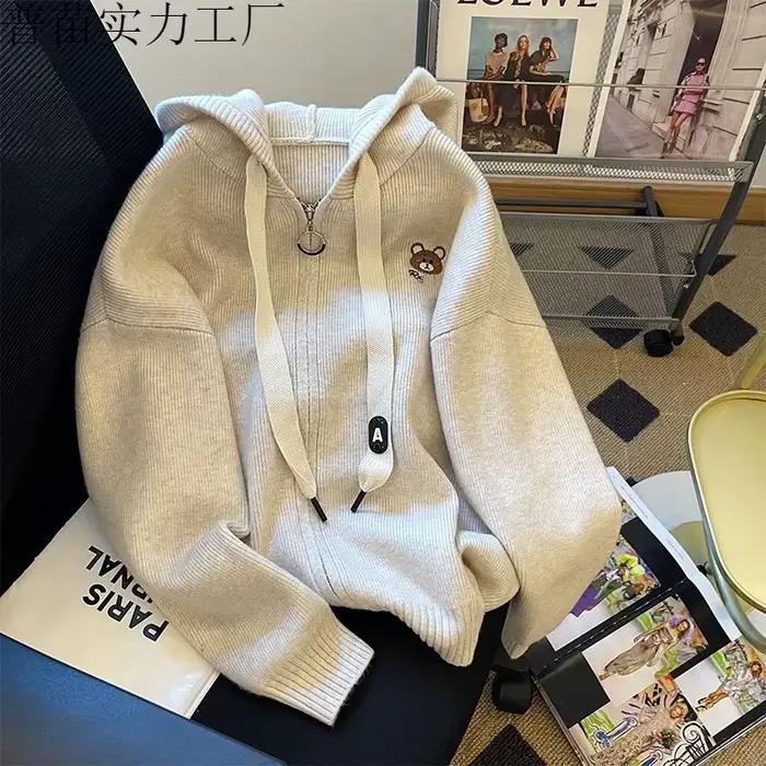 Veste pull à capuche avec cordon de serrage brodé gris pour femme