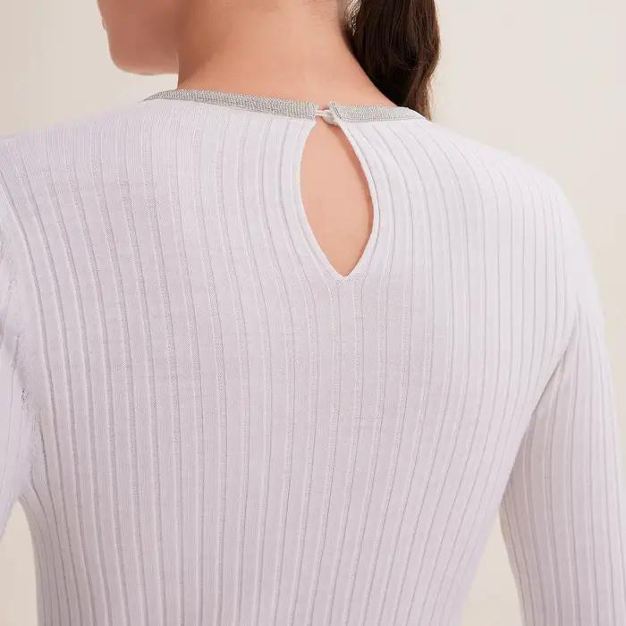Pull en tricot côtelé pour femme 100 % laine à manches longues - Mode d'automne