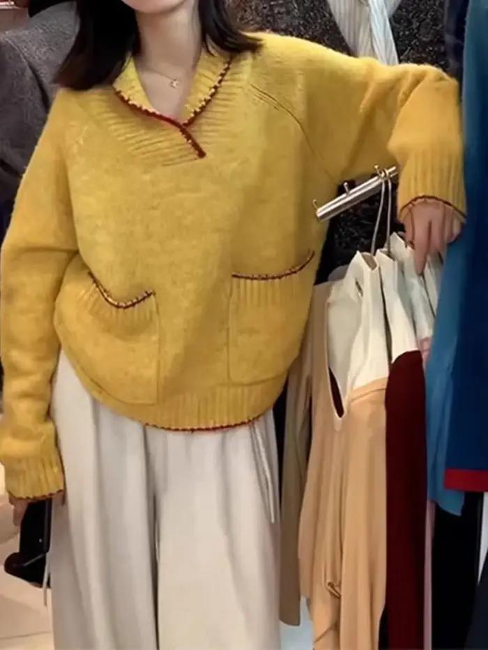 Pull à revers en velours de raton laveur jaune haut de gamme pour femmes en automne et en hiver