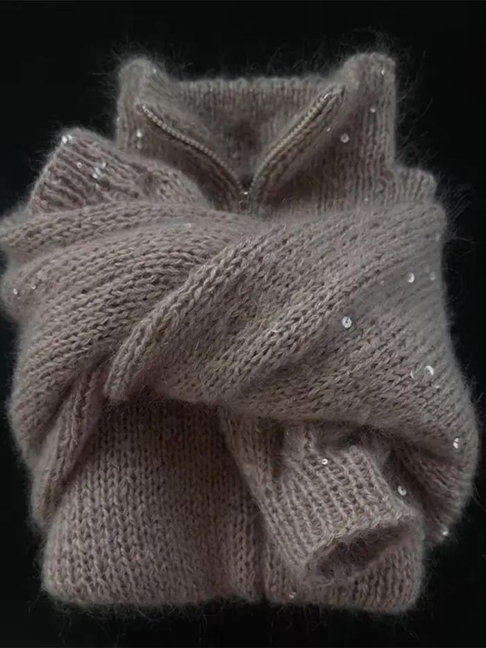 Pull Pailletté Élégant Automne Hiver Femme Style Y2K Occasions Spéciales Tricot Polyester Coton Col Montant Manches Longues