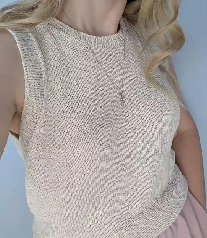 Gilet tricoté sans manches à col rond pour femme