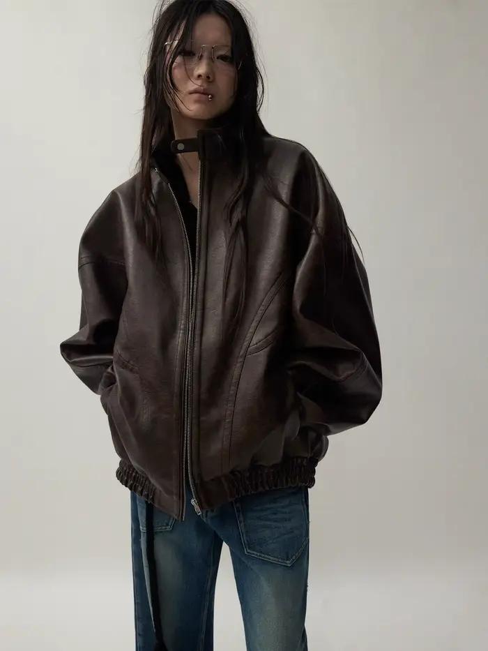 Lautaro automne Cool beau en détresse marron surdimensionné veste en cuir Pu femmes fermeture éclair col montant américain rétro vêtements